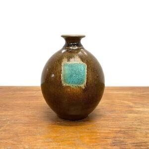 Studio Pottery Stoneware Bud Vase Teal Accent Artist Signed Heidi Haugen Montana